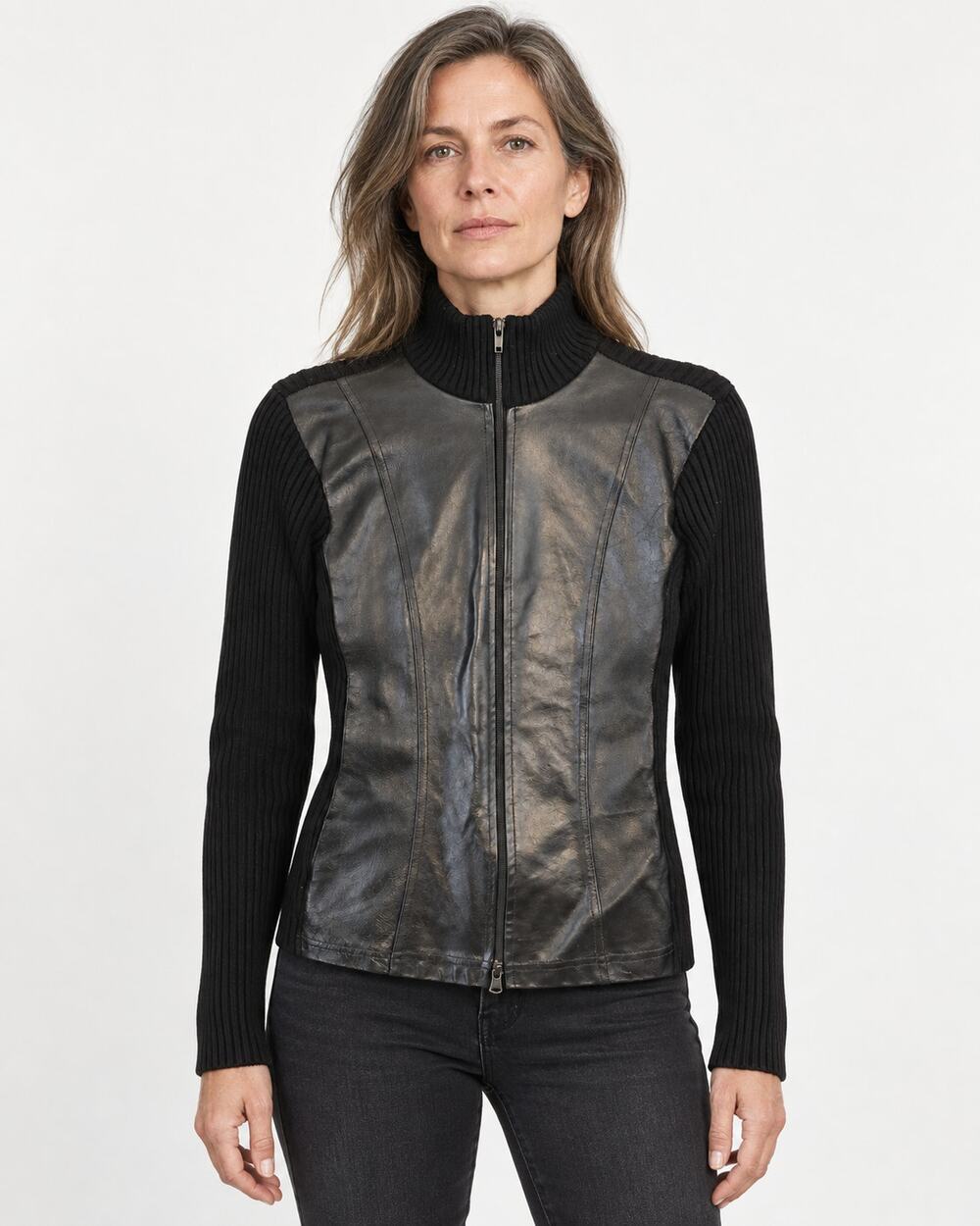 SHINE Italy Women’s M Black Leather Panel Ribbed Knit Zip Cardigan 38" Bust